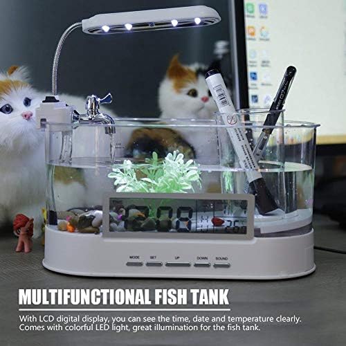 Çok fonksiyonlu USB şarj edilebilir zarif Mini balık tankı Akvaryum Su sirküle Saat Fonksiyonu ile led ışık (Beyaz)